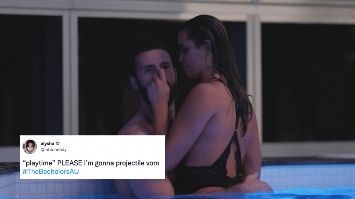 Felix and Tilly on The Bachelors hugging in the pool and Tilly holding Felix's nose. Tweet on screen reads: “playtime” PLEASE i’m gonna projectile vom