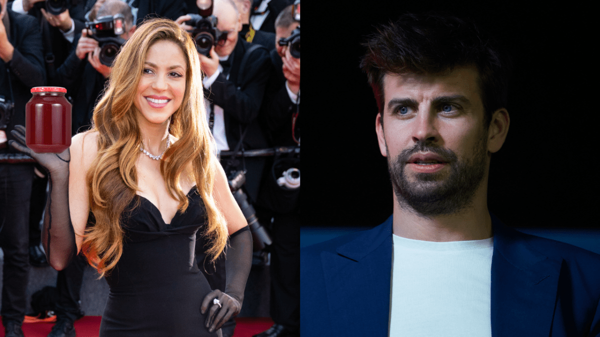 Shakira at the Elvis premiere at Cannes smiling wearing a black, velvet dress holding a jar of strawberry jam and Gerard Piqué wearing a blue jacket and white shirt in front of black background looking shocked