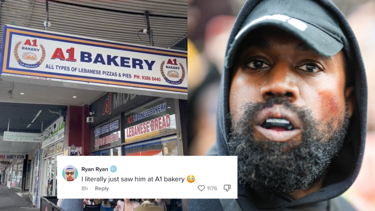 Exterior of A1 Bakery in Brunswick and close up of Kanye West at Givenchy Spring/Summer 2023 fashion show. TikTok comment is overlaid which reads: I literally just saw him at A1 Bakery