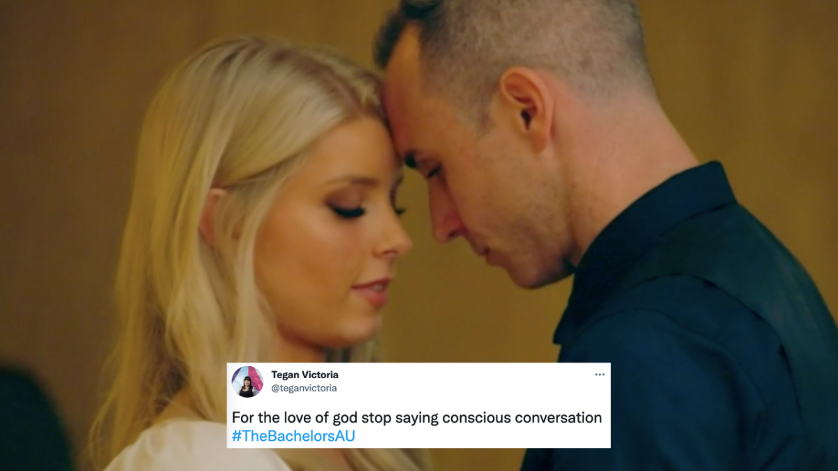 Jess and Damien on The Bachelors touching foreheads. Tweet overlaid which reads: For the love of god stop saying conscious conversation #TheBachelorsAU