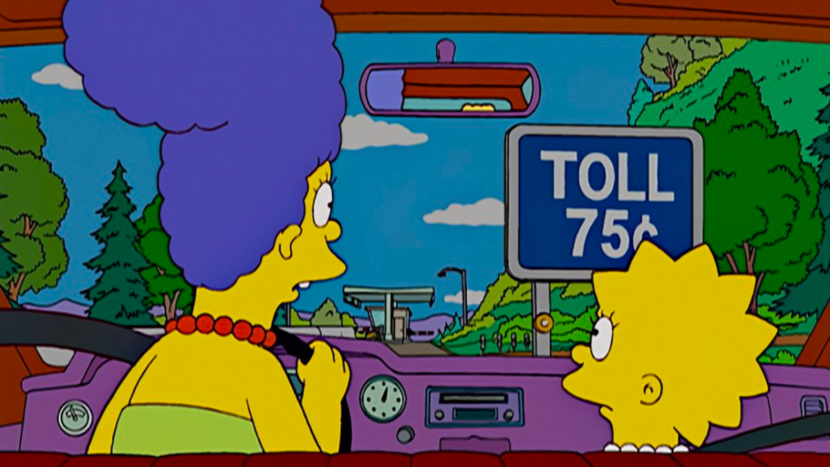 Marge and Lisa on The Simpsons driving through a toll booth. NSW Government is introducing a new toll relief rebate scheme where drivers can claim money back.