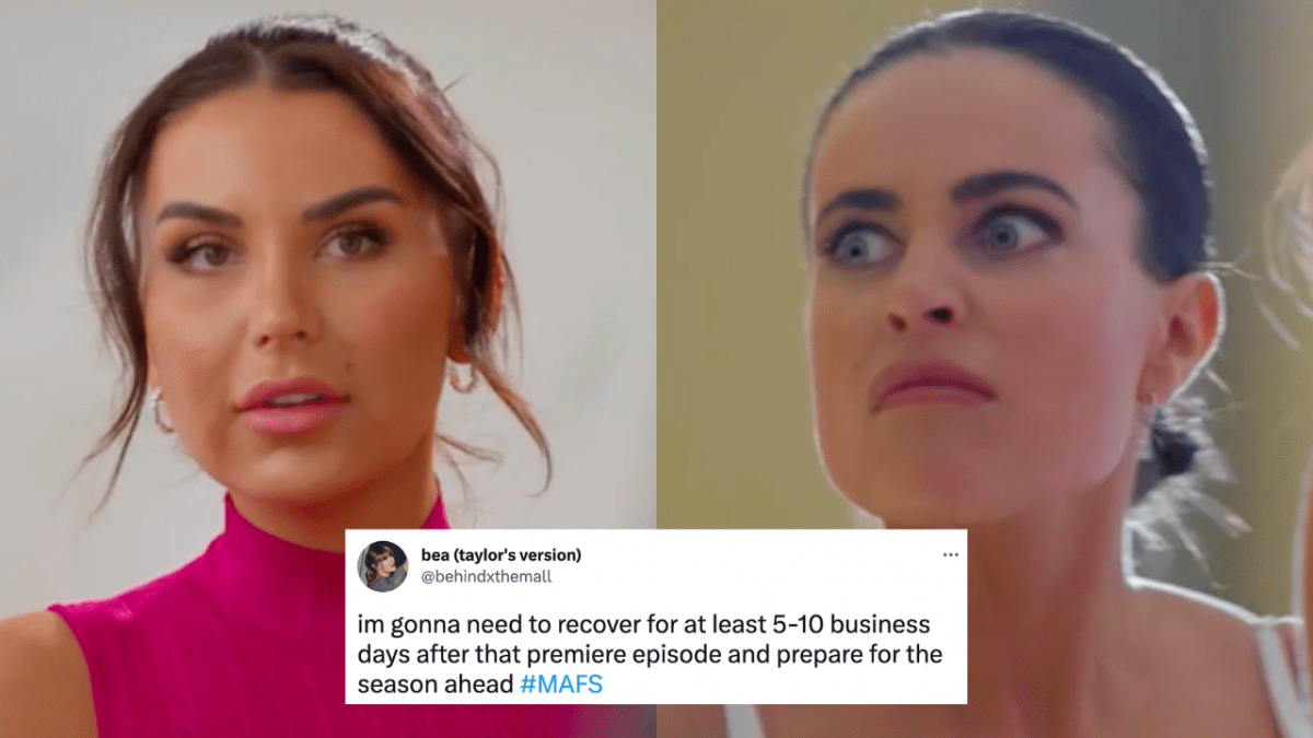 Woman in pink dress looking shocked and Bronte on Married At First Sight with an angry look. Tweet overlaid which reads: im gonna need to recover for at least 5-10 business days after that premiere episode and prepare for the season ahead