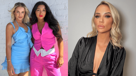 Former MAFS stars Ella Ding wearing a pink sleeveless suit and Domenica Calarco wearing a blue mini dress and former MAFS star Jessika Power posing in a black silk robe