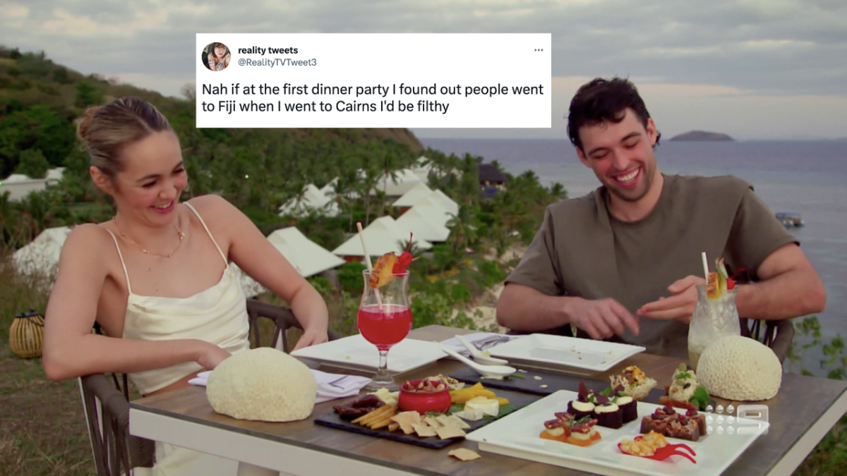 Tahnee and Ollie on MAFS enjoying breakfast on their Fiji honeymoon with a tweet overlaid which reads: "Nah if at the first dinner party I found out people went to Fiji when I went to Cairns I'd be filthy"