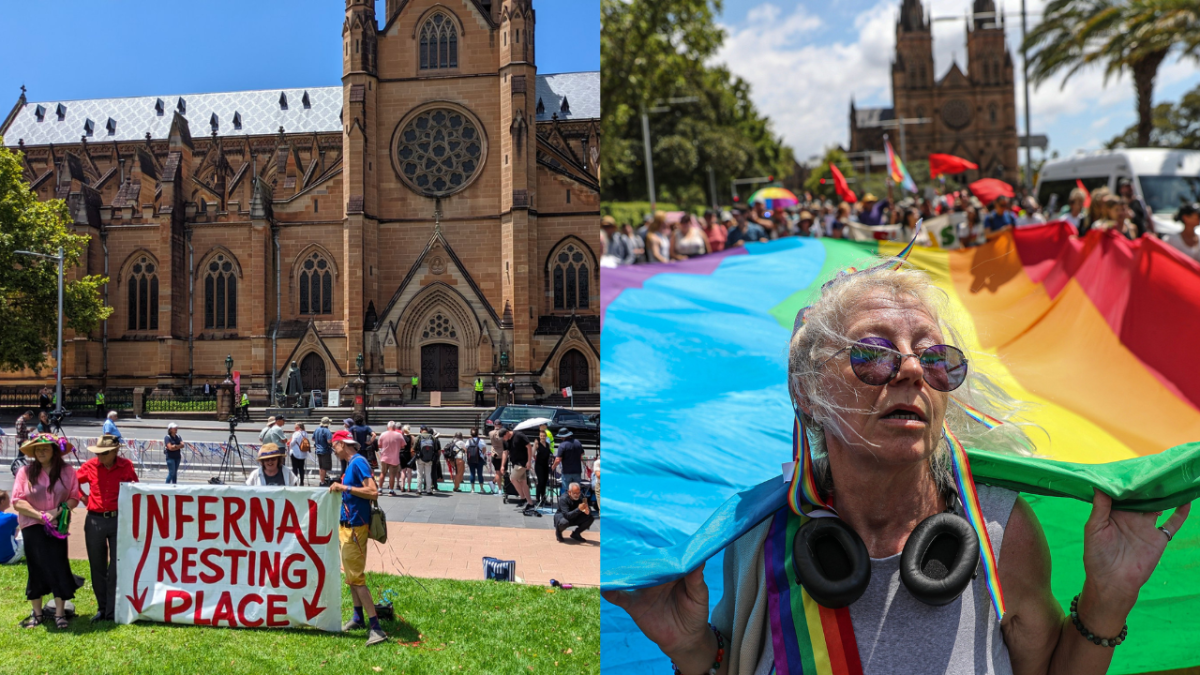 Protest outside George Pell's funeral at St Mary's Cathedral in Sydney with a sign which reads "Infernal resting place" and a photo of protestors holding a giant rainbow flag outside funeral