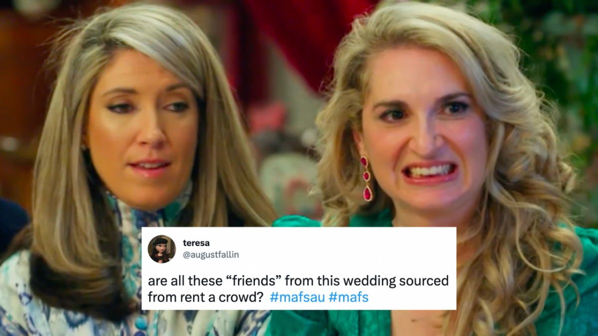 Friends of Melissa on MAFS pulling confused and grimacing faces. Tweet overlaid which reads: "are all these 'friends' from this wedding sourced from rent a crowd?"