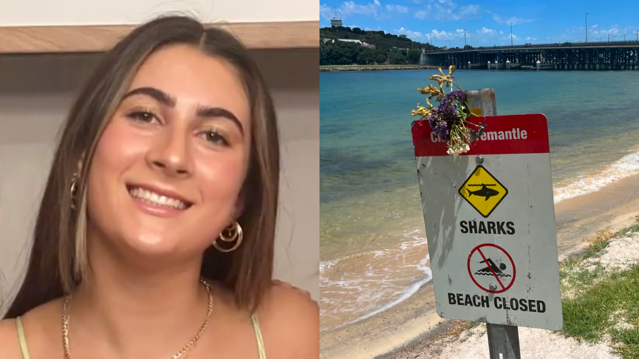 Perth shark incident victim Stella Berry and photo of sign which reads 'beach closed' at North Fremantle beach with flowers laid on top of it