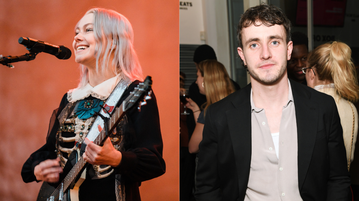 Phoebe Bridgers performing at Primavera Sound Festival and Paul Mescal wearing black suit jacket and cream shirt