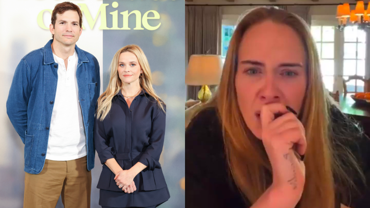 Ashton Kutcher and Reese Witherspoon at a photocall for their new movie Your Place or Mine and photo of Adele looking confused with her hand to her mouth