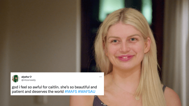 MAFS Caitlin smiling to camera with tweet overlaid which reads: god i feel so awful for caitlin. she’s so beautiful and patient and deserves the world