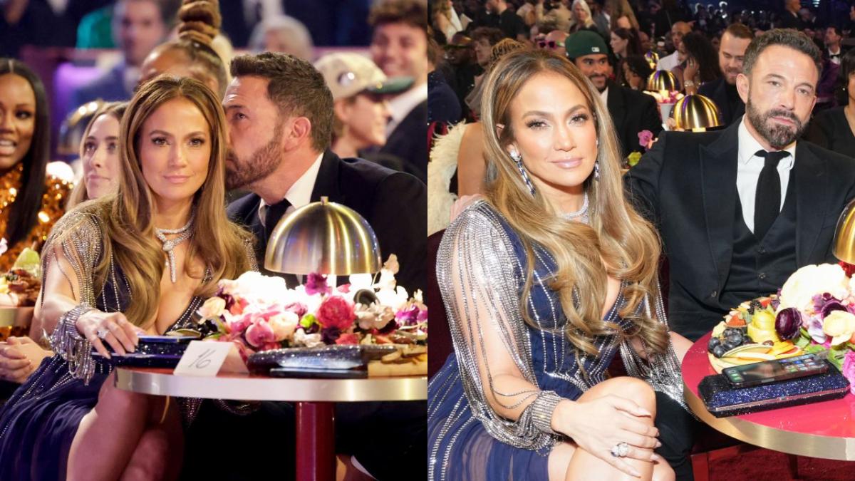 Jennifer Lopez and Ben Affleck having a heated whispered conversation and then composing themselves and smiling for the cameras at the grammys