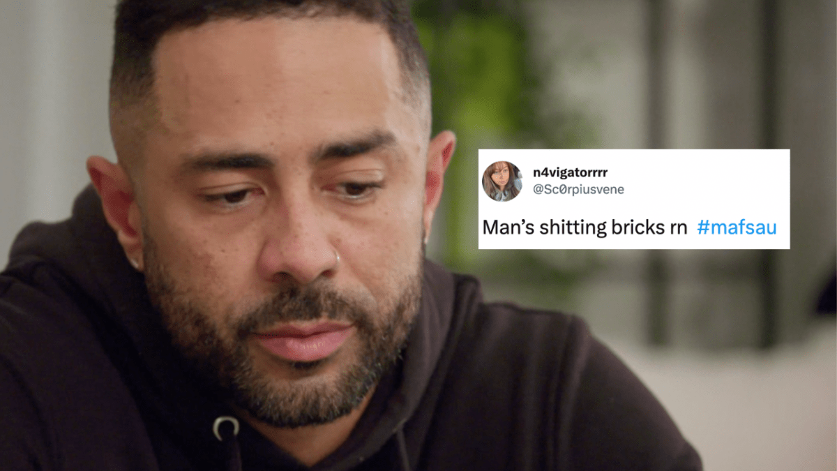 Adam Seed on MAFS looking dejected and sad. Tweet overlaid which reads: Man’s shitting bricks rn