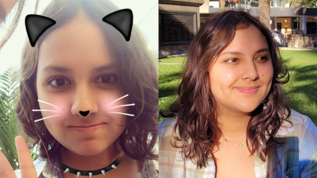 K-Pop Ruined My Self-Image, Here's How I Fixed It. A Before-And-After of Gabby Marcelline. The first image is of her as a young teenager. She is throwing a peice sign in a selfie where she has a cat filter on and a black choker. She looks very Kawaii. In the second image, Gabby is older and glowing in the sunshine while sitting on a lawn. She isn't hiding behind a filter and is smiling.