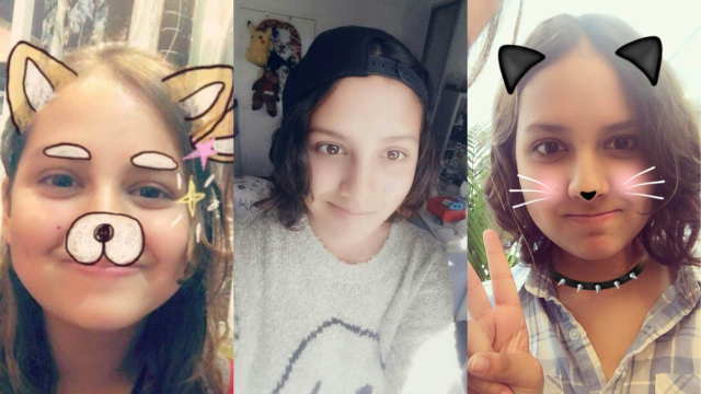 three pictures of gabby as a young teenager trying to fit into k-pop aesthetics. in two of the images, she has a cat filter on.