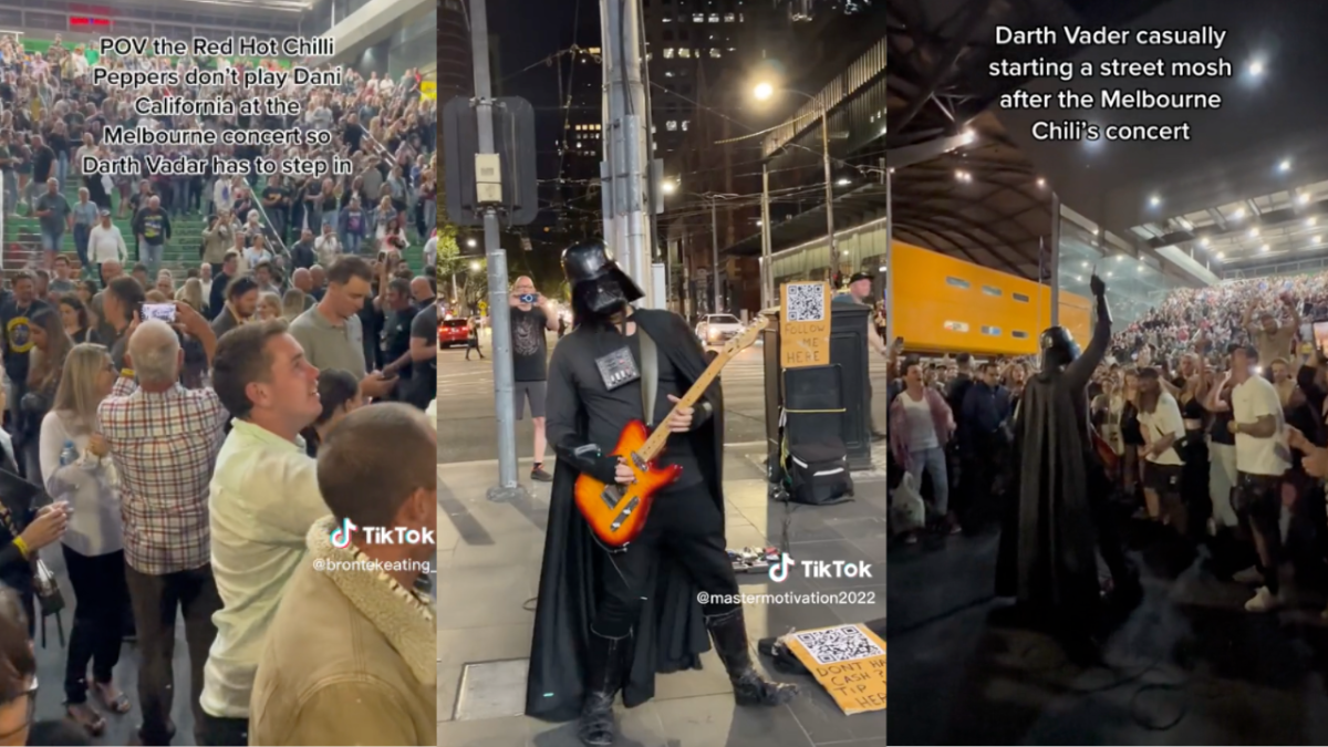 busking darth vader played a gig at southern cross station after the rhcp red hot chili peppers gig in melbourne