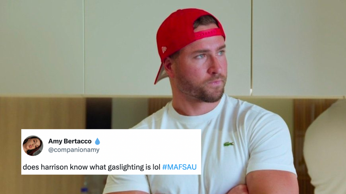 MAFS groom Harrison Boon standing in kitchen wearing white shirt and backwards red cap with tweet overlaid which reads: "does harrison know what gaslighting is lol"