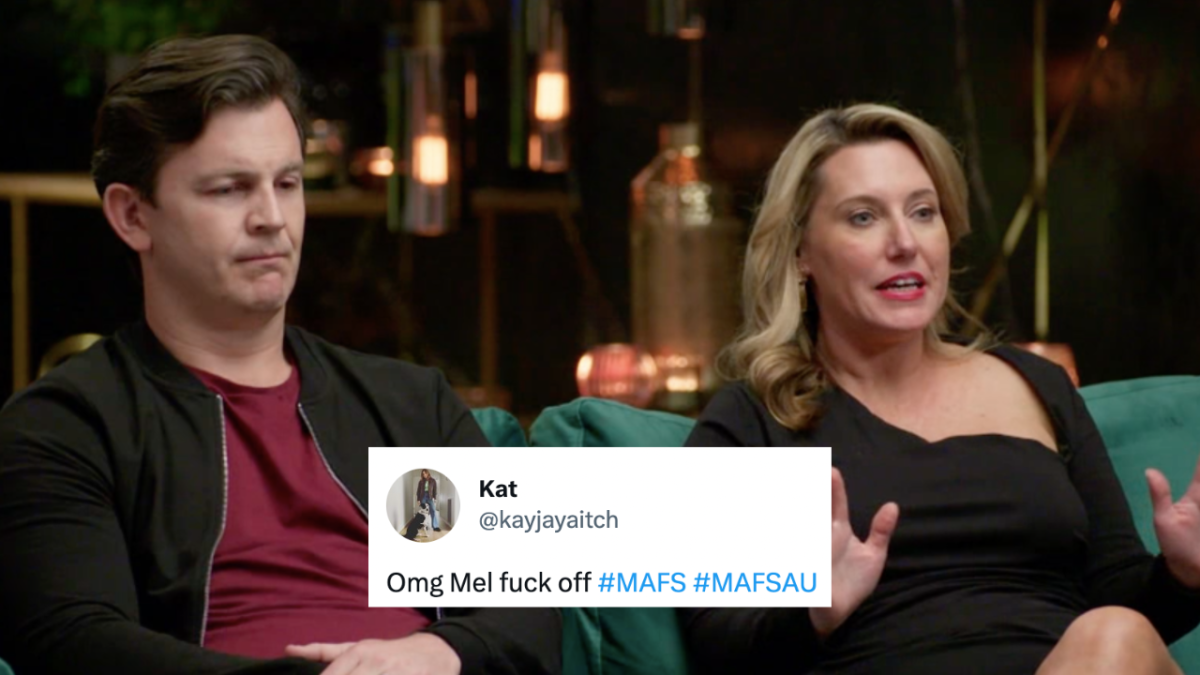 MAFS Josh and Melissa sitting on couch during a Commitment Ceremony and a tweet overlaid which reads: Omg Mel fuck off