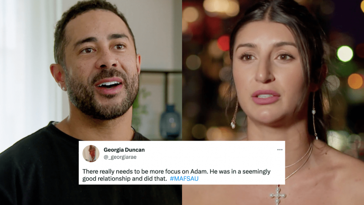Adam with his mouth open while he's talking and Claire looking concerned on MAFS. Tweet overlaid which reads: There really needs to be more focus on Adam. He was in a seemingly good relationship and did that.