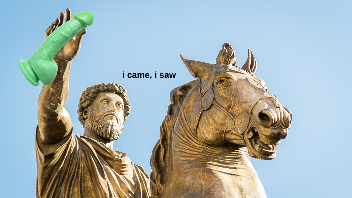 Statue of Roman Emperor Marcus Aurelius on the Capitoline Hill in Rome holding a big, green dildo with text on screen which reads "i came, i saw"