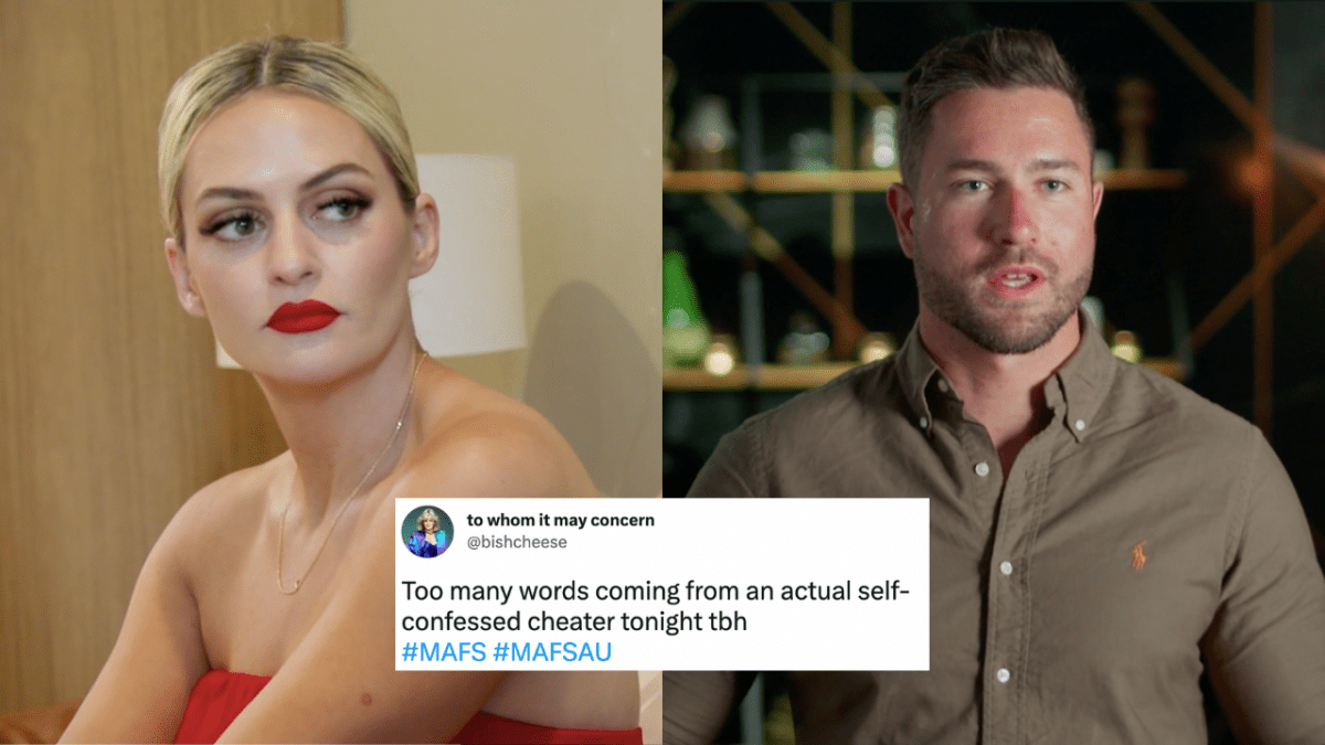 MAFS Alyssa staring blankly and Harrison mid-speech with a tweet overlaid which reads: "Too many words coming from an actual self-confessed cheater tonight tbh"