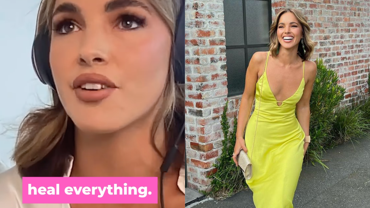 Olivia Molly Rogers speaking on Life Uncut podcast with text on screen which reads "heal everything." and photo of her in a yellow dress smiling