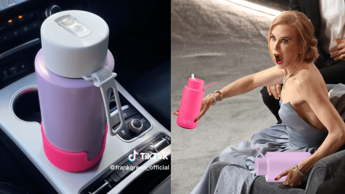 Photo of Frank Green car cup holder expander in a car with a purple water bottle inside it and Nicole Kidman holding a pink and purple Frank Green water bottle in both hands with her mouth open shocked