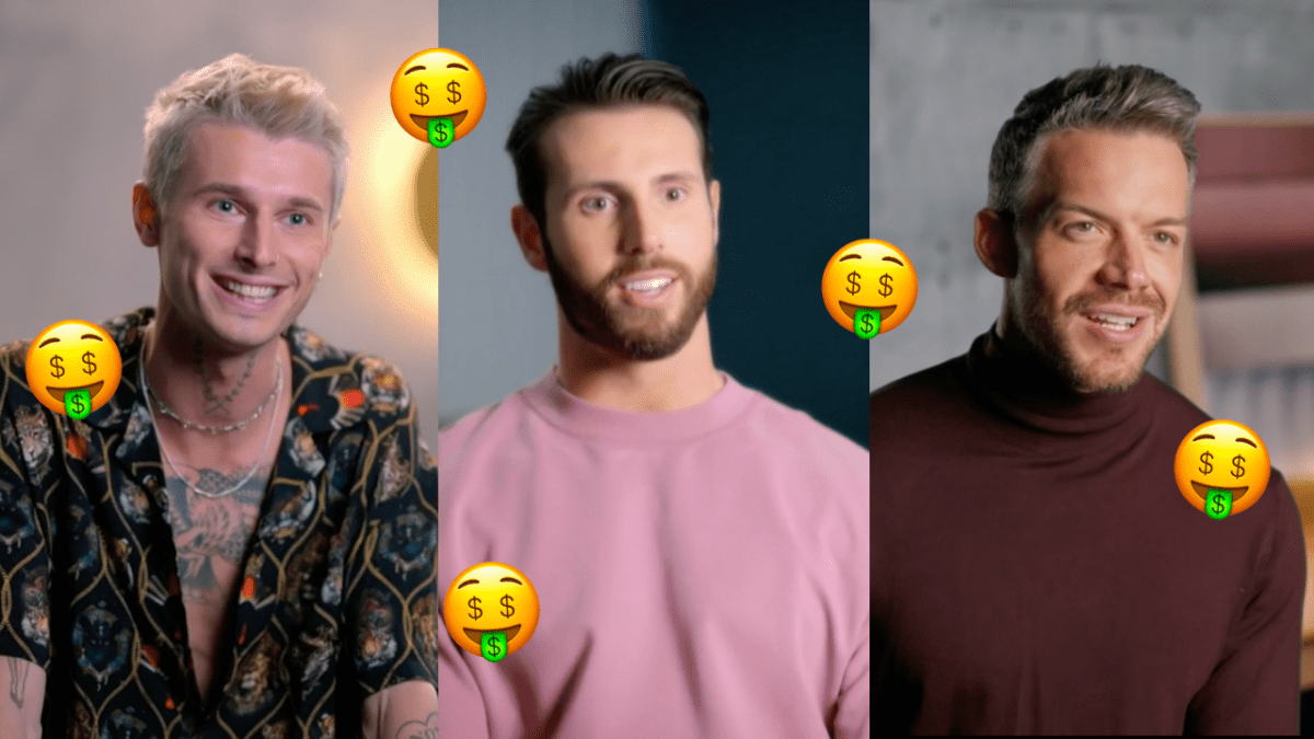 The Bachelors Jed McIntosh, Felix Von Hofe and Thomas Malucelli with emojis with dollar sign tongues overlaid as their salaries have been leaked