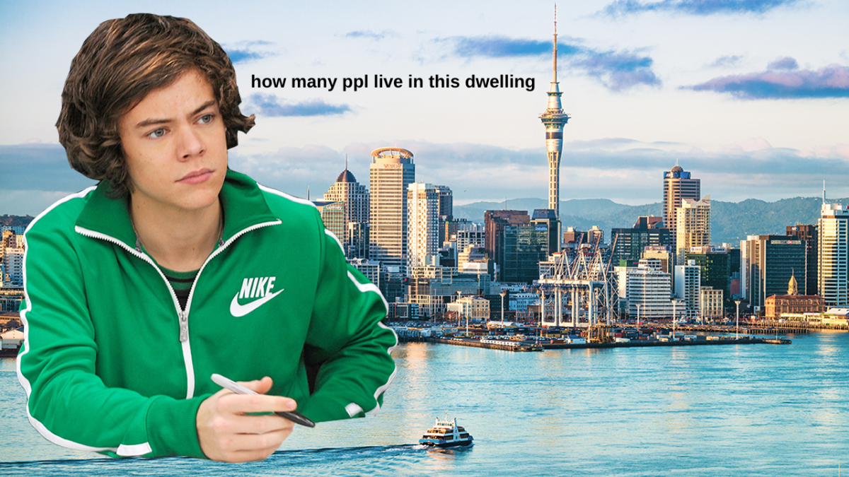 Photo of Harry Styles in a green tracksuit photoshopped over a photo of Auckland, New Zealand skyline with text overlaid which reads "how many ppl live in this dwelling"