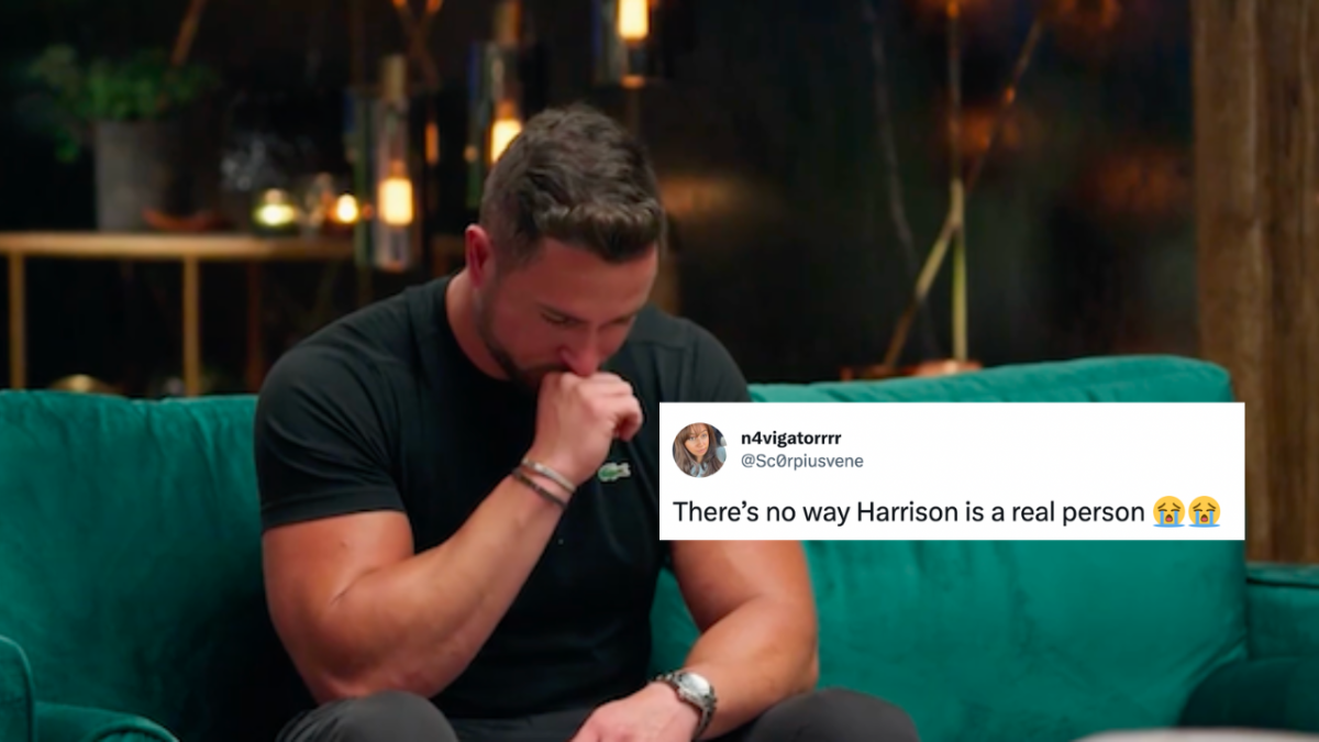 Harrison Boon on MAFS crying on couch during Commitment Ceremony. Tweet overlaid which reads: "there's no way Harrison is a real person"