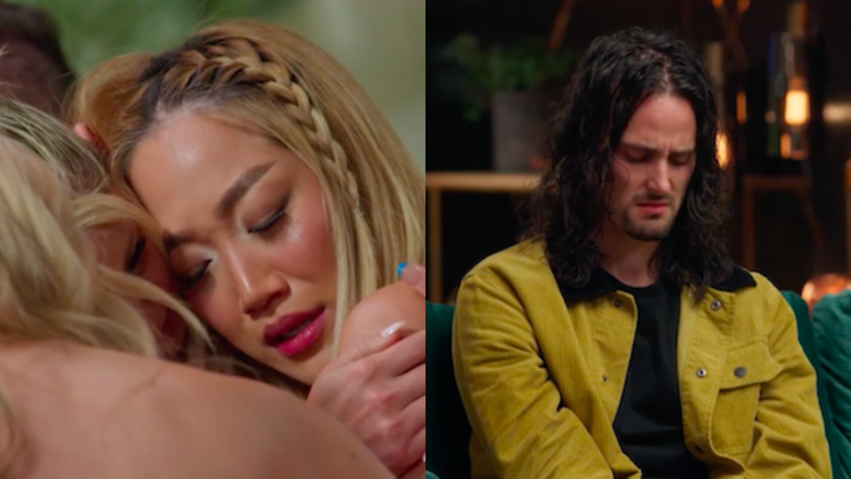 To the left is Janelle crying on MAFS as she is hugged. To the right is Jesse wearing a mustard jacket with his head down as he cries.