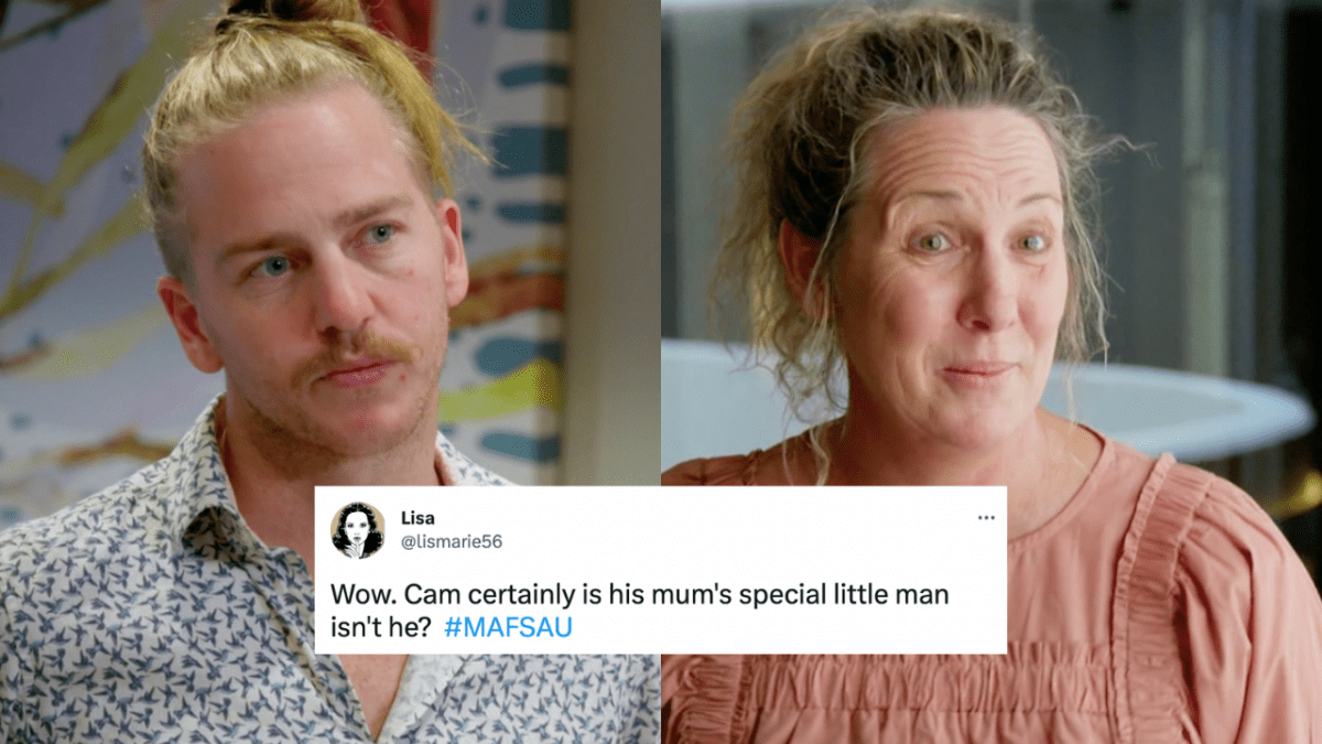 MAFS' Cam to the left in a collared shirt looking confused and his mother Fiona wearing a salmon blouse smiling. Tweet overlaid which reads "Wow. Cam certainly is his mum's special little man isn't he?"