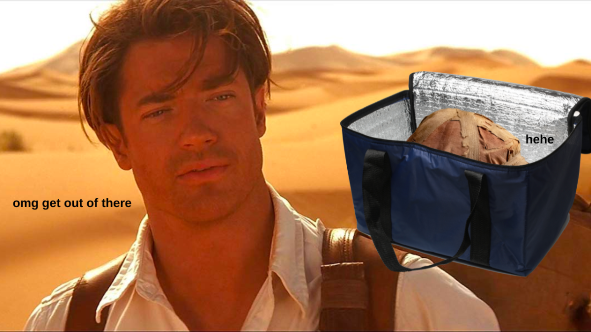 Brendan Fraser in The Mummy carrying blue cooler bag with Egyptian mummy wrapped in linen poking out
