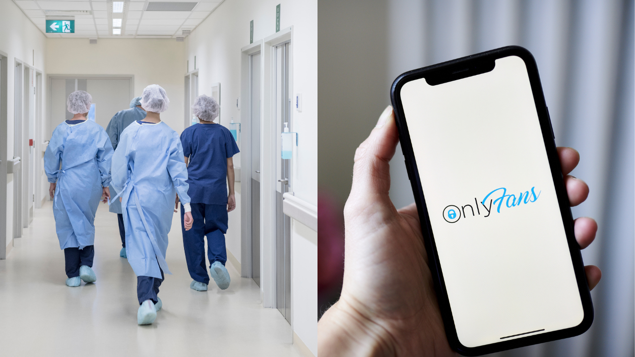 Photo of nurses and surgical team walking down corridor of Australian hospital and iPhone screen with OnlyFans logo