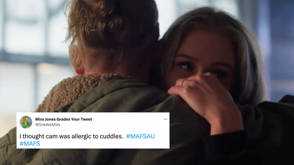 MAFS Cam and Tayla hugging with tweet overlaid which reads: I thought Cam was allergic to cuddles