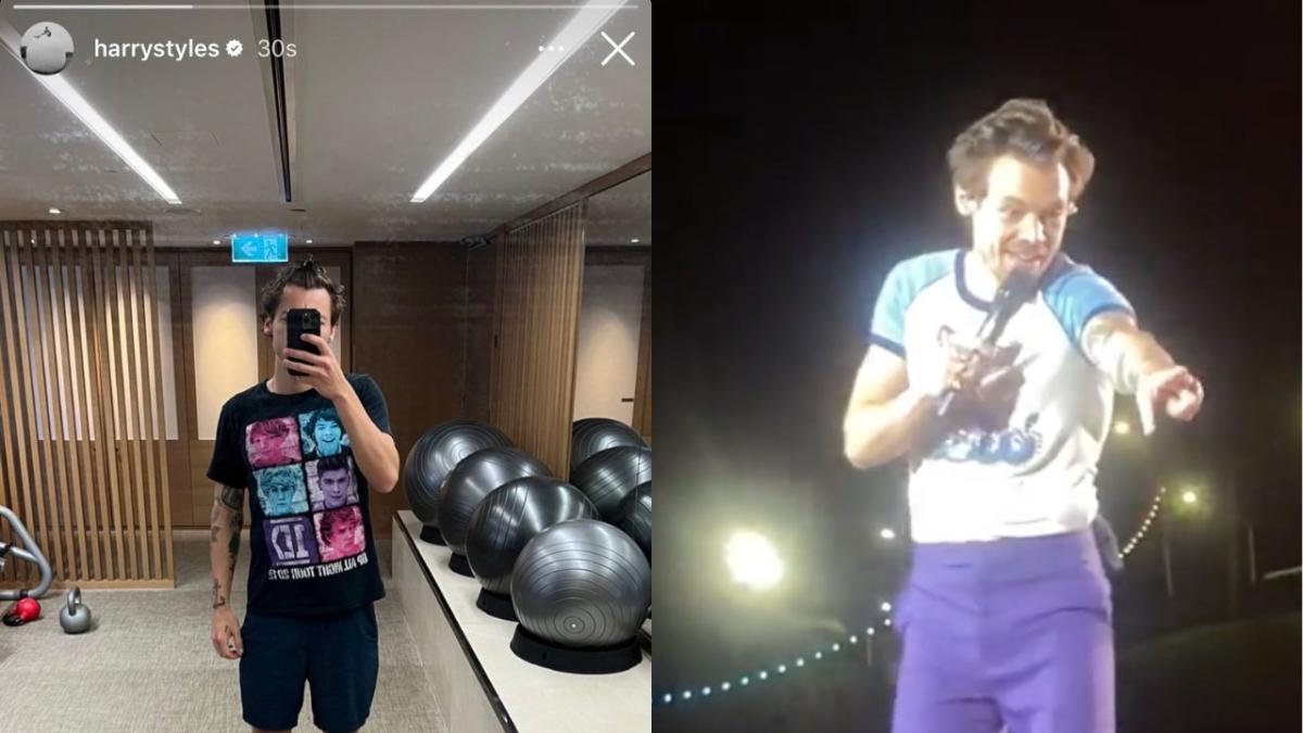 Harry Styles in a One Direction t-shirt, next to a picture of him at a concert talking to a crowd