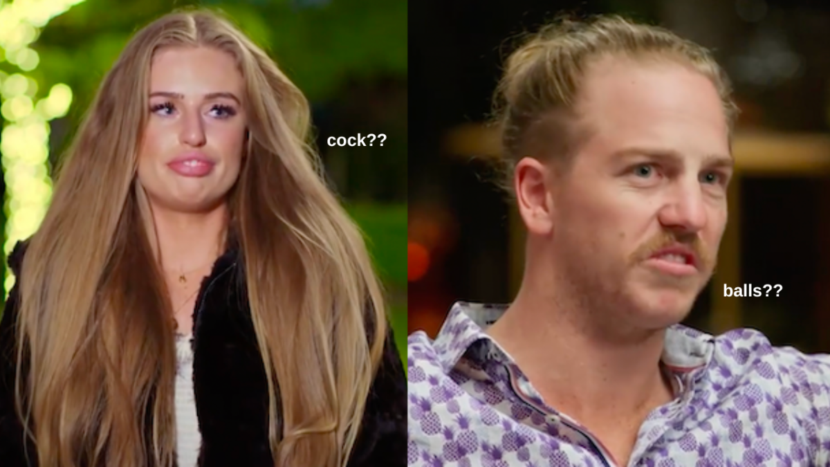 MAFS Tayla looking disgusted saying "cock??" and Cam looking equally disgusted saying "balls??"
