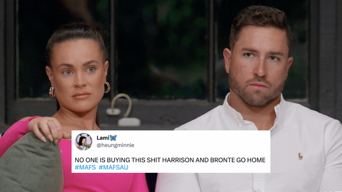 MAFS Bronte and Harrison sitting on couch at Commitment Ceremony with tweet overlaid which reads: NO ONE IS BUYING THIS SHIT HARRISON AND BRONTE GO HOME