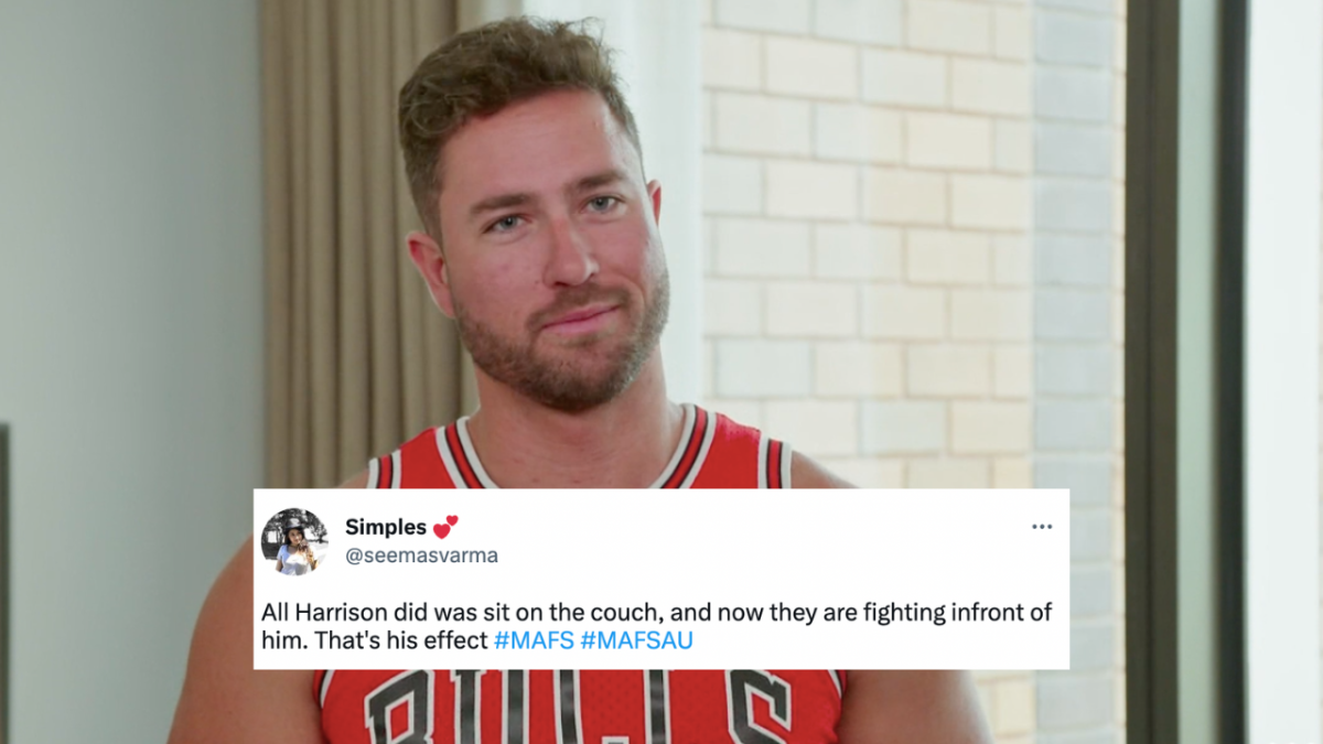 MAFS' Harrison wearing a basketball jersey with a tweet overlaid which reads: All Harrison did was sit on the couch, and now they are fighting infront of him. That's his effect