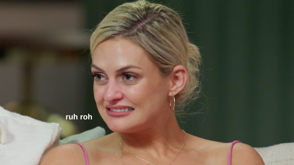 MAFS Alyssa Barmonde grimacing with white text near her face which reads "ruh roh"