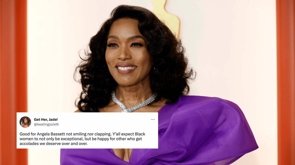Angela Bassett in purple Moschino dress at the 2023 Oscars. Tweet overlaid which reads: Good for Angela Bassett not smiling nor clapping. Y’all expect Black women to not only be exceptional, but be happy for other who get accolades we deserve over and over.