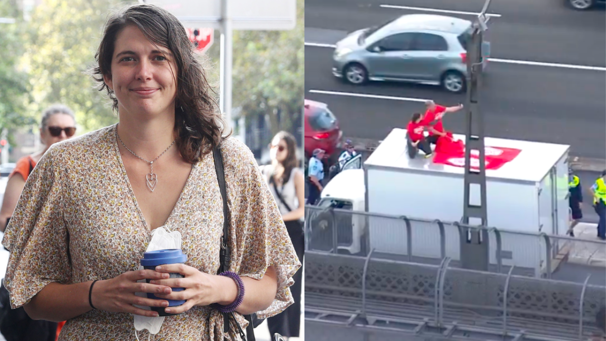 Climate change activist Violet Coco leaving Sydney's Downing Centre District Court and photo of Fireproof Australia protest on Sydney Harbour Bridge