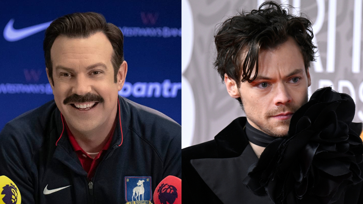 Jason Sudeikis as Ted Lasso at press conference and Harry Styles at BRIT Awards wearing large black flower brooch