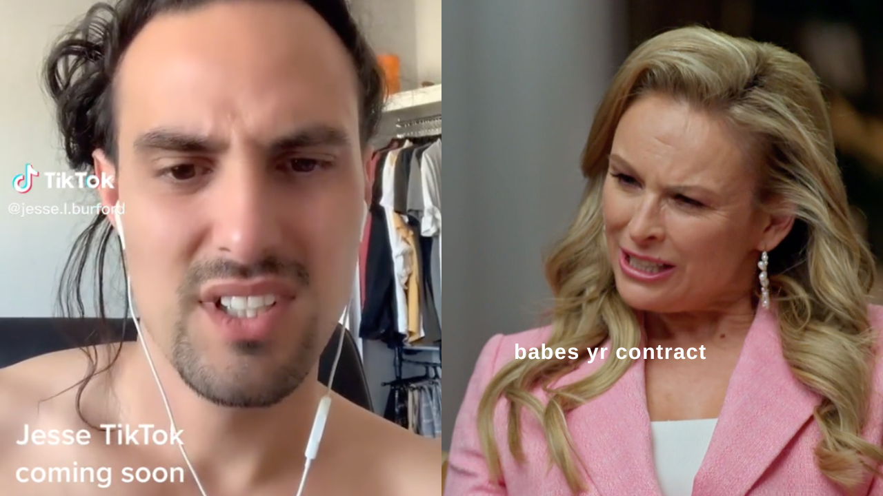 MAFS groom Jesse Burford on TikTok and expert Mel Schilling looking confused with white text overlaid which reads "babes yr contract"