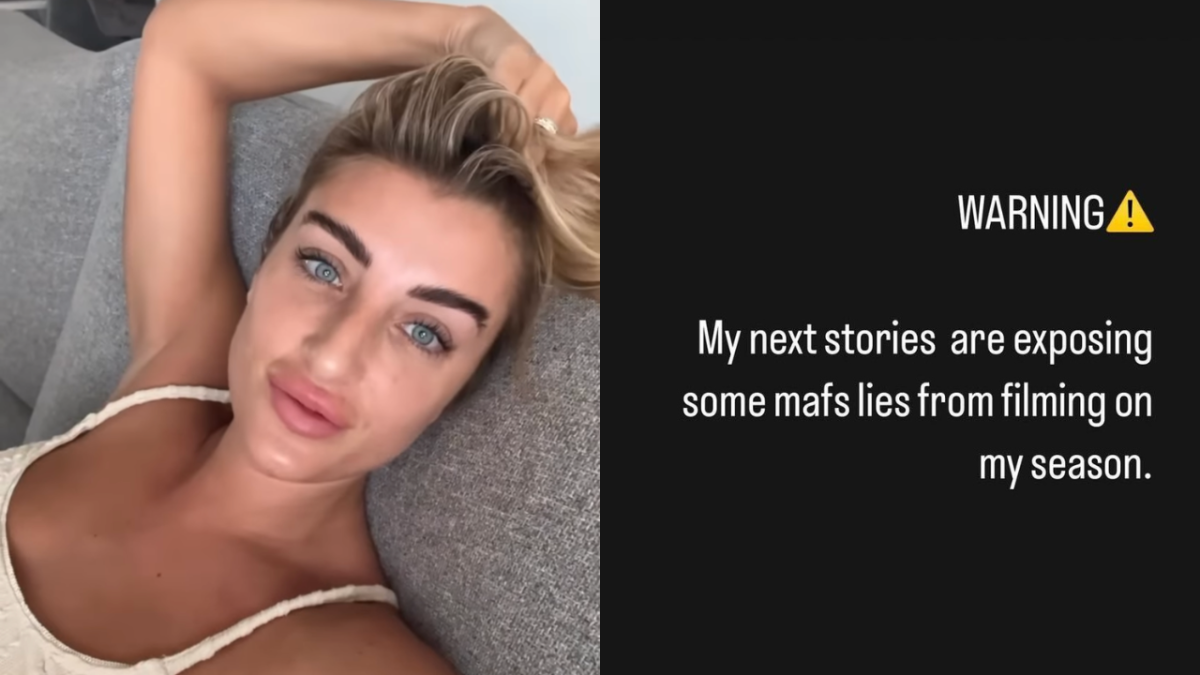 Former MAFS star Tamara Djordjevic and black screen with white text which reads: "WARNING my next stories are exposing some mafs lies from filming on my season"