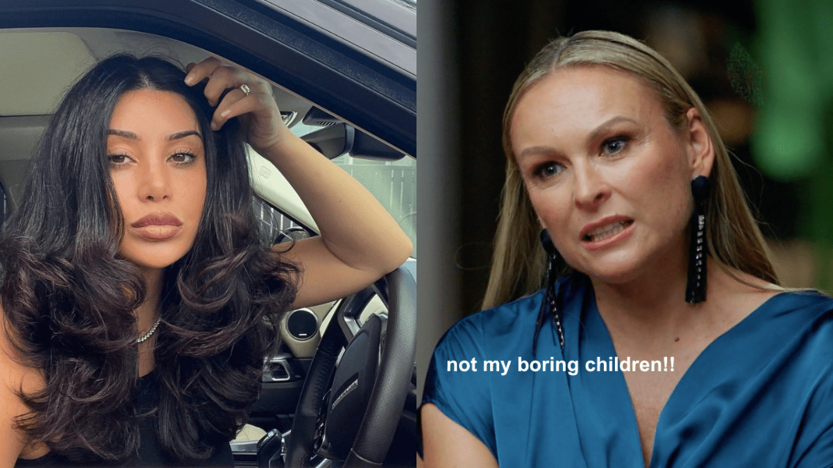 Former MAFS star Martha Kalifatidis taking selfie in car and expert Mel Schilling looking confused with white text which reads "not my boring children!!"