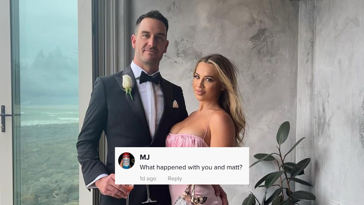 Tammy Hembrow and Matt Poole in formalwear posing for photo. TikTok comment overlaid which reads: "what happened with you and matt?"