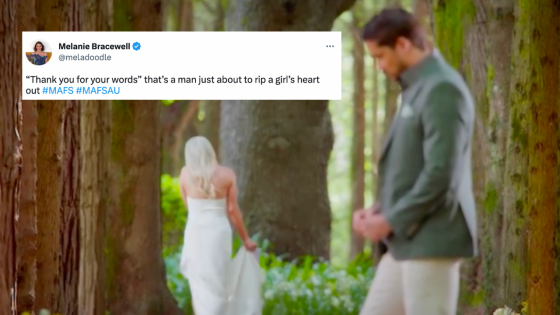 Alyssa walking away from Duncan in the forest after he dumped her in the MAFS final vows. Tweet overlaid which reads: “Thank you for your words” that’s a man just about to rip a girl’s heart out