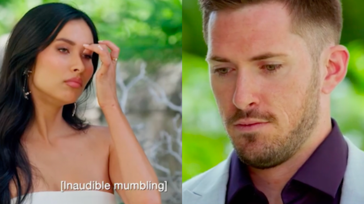 Evelyn moving hair out of her face with text on screen which reads [inaudible mumbling] and Rupert looking dejected on MAFS