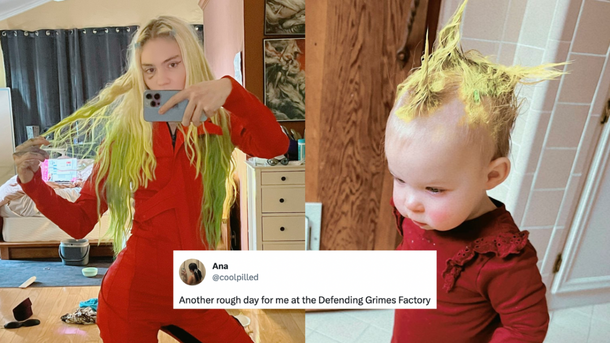 Singer Grimes and daughter Y in red jumpsuits with tweet overlaid which reads "Another rough day for me at the Defending Grimes Factory"