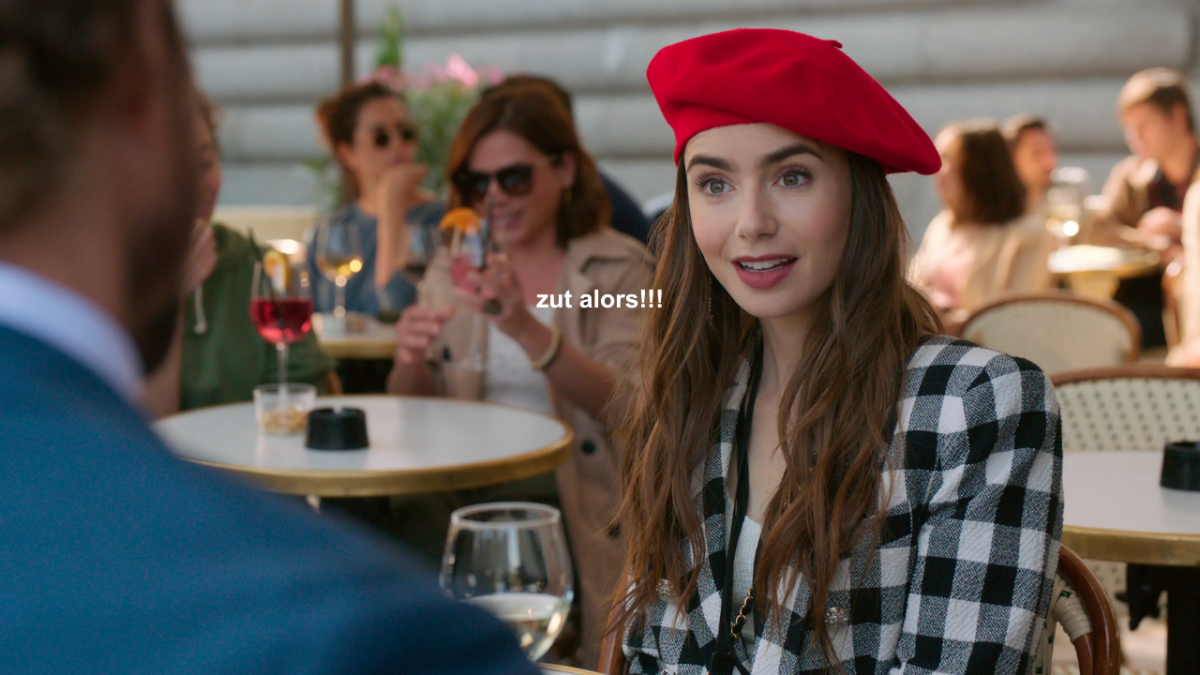 Emily from Emily in Paris wearing a checkered black and white blazer and red beret saying "zut alors!!". France could make it mandatory for influencers to label edited and filtered photos.